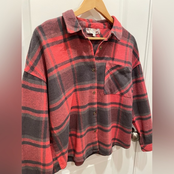 PINK ROSE Brushed Windowpane Plaid Long-Sleeve Flannel Shirt Sz M - Picture 7 of 8